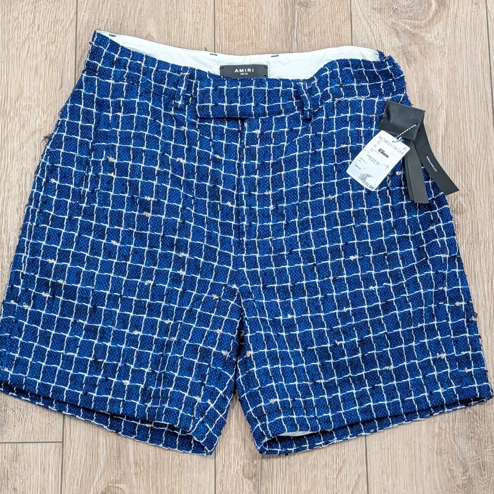 $1250 Mens AMIRI Stripe Boucle Tweed Shorts Navy 52 US 36
